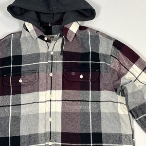 American Eagle Hooded Flannel Sz L Detachable Hood Shacket Plaid Button Up Shirt